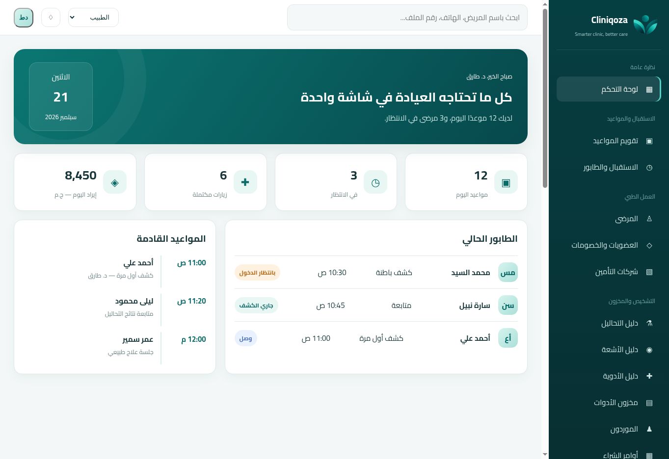 شاشة لوحة التحكم من نموذج Cliniqoza